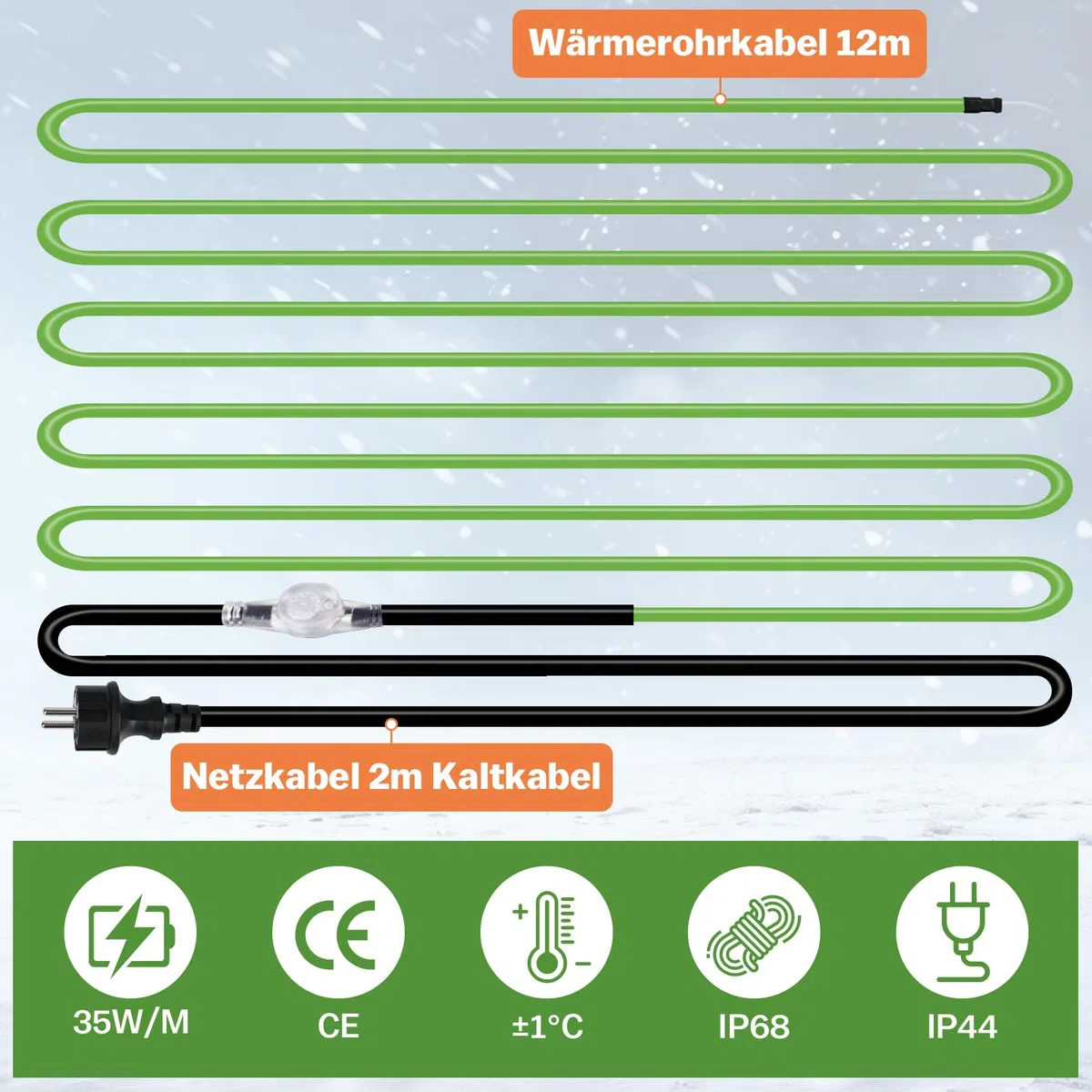 12M Heizkabel mit Thermostat, 35W/m Selbstregulierendes Frostschutz Heizkabel mit Betriebsanzeigeleuchte, Begleitheizung Wasserleitung von Wasserleitungen, Dachrinnen und Weidetränken, IP68