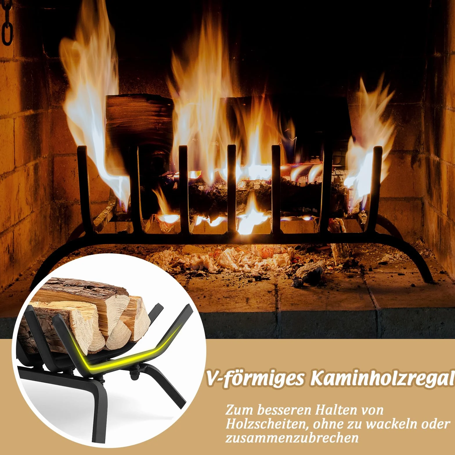 GOPLUS Kaminholzrost 46 cm, robuster Feuerrost aus Schmiedeeisen, Brennholzhalter mit 7 Metall Stangen, Feuerbock mit Füßen, bis 50kg belastbar, für Innen & Außen