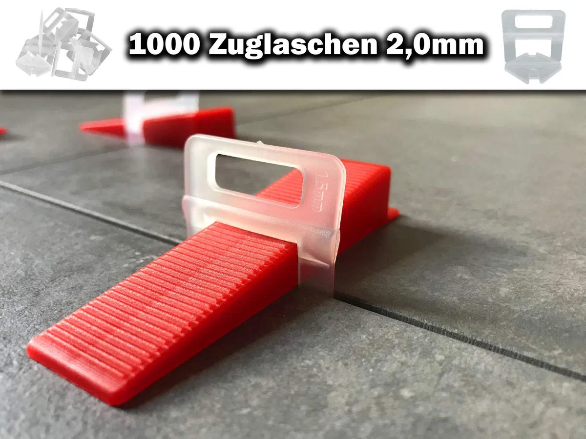 500-9000 Stück 1-3mm freie Auswahl - Das GÜNSTIGE Fliesen Nivelliersystem - Zange Keile Zuglaschen individuell zusammenstellen - frei wählbar Mega-Auswahl an Variationen (1000 Laschen, 2,0mm)