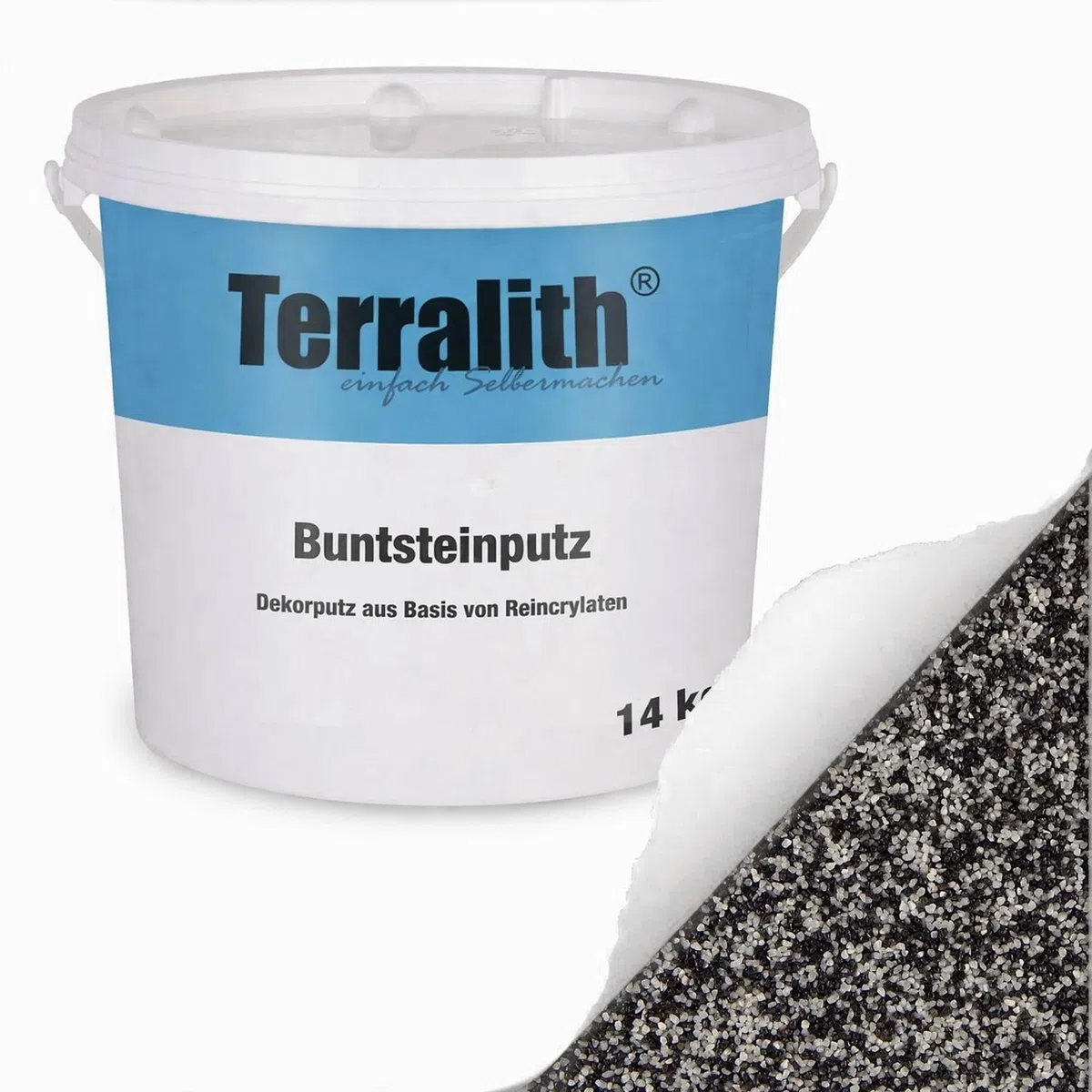 Terralith Buntsteinputz 14kg in schwarz-weiß, Sockelputz für Innen und Außen mit Reinacrylat Bindemittel aus Naturstein, 1-2mm Körnung (BSP10)