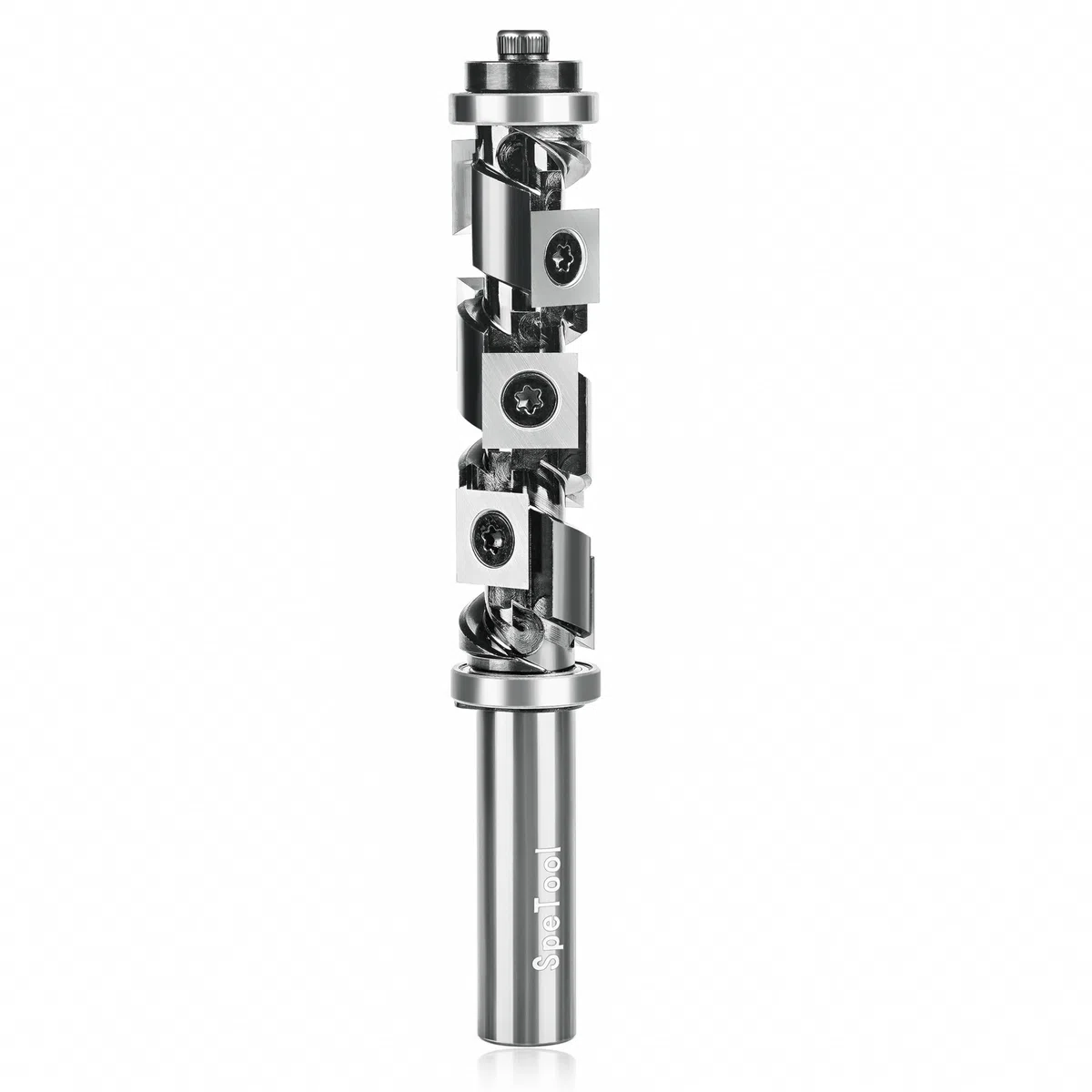 SpeTool Bündigfräser Wendeplatten Fräser 12mm Schaft VHM Spiralfräser Kopierfräser für Oberfräse 19mm Schnittdurchmesser Bündigfräser Kugellager Oben und Unten mit 7 Hartmetalleinsätze
