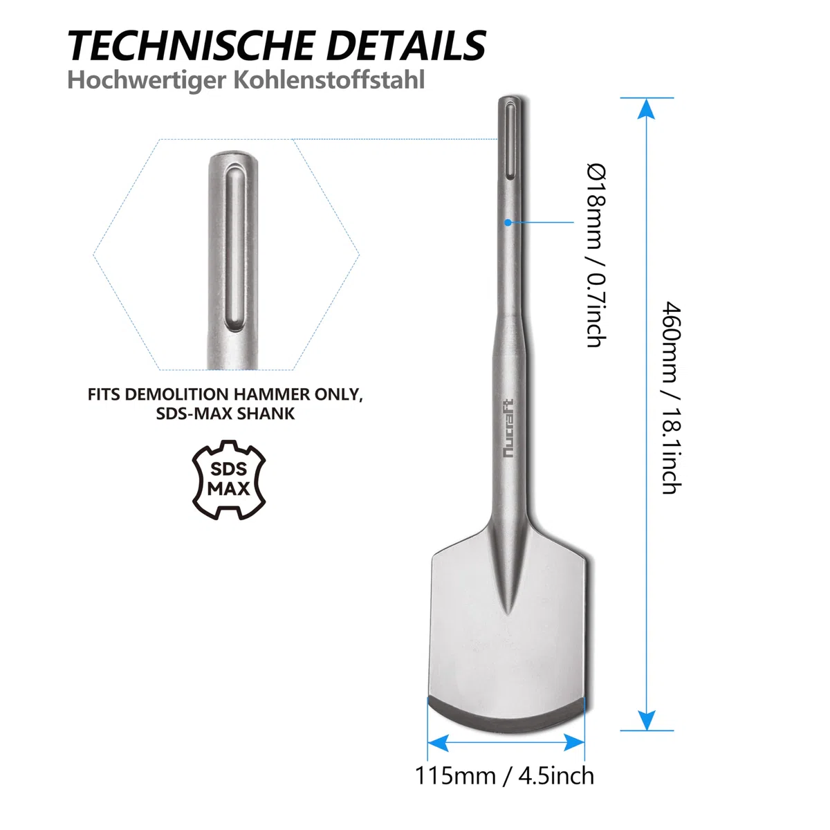Nucraft SDS MAX Schaufelmeißel 115X460MM, Tonspaten Asphaltmeißel Abstemmen für Abbruchhammern Abtragen von Beton & Mauerwerk