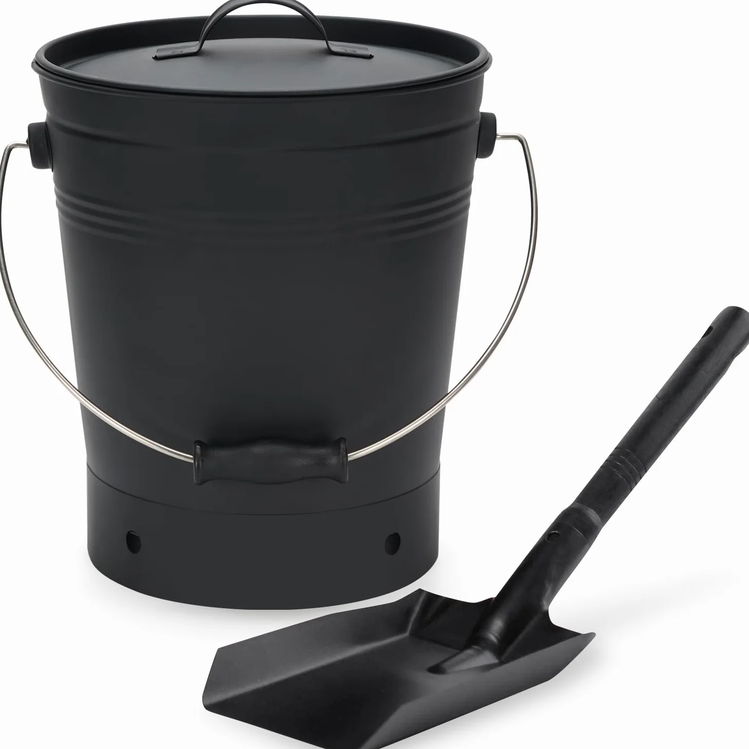 INNO STAGE Ash Eimer mit Deckel und Holzgriff Kohleschaufel, Aschenträger Pail Kamin Werkzeuge, Feuerstelle, Holzofen Schwarz
