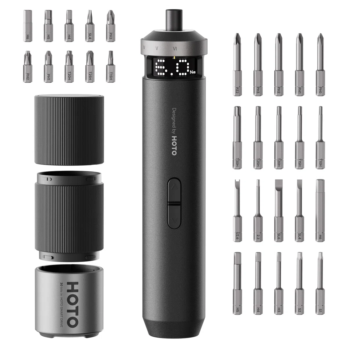 HOTO PixelDrive Elektrischer Schraubendreher Set mit Intelligente Anzeige, 6 Drehmomentstufen, 0,5 bis 6 N·m, 1/4 Hex 30-Bits-Set, USB-C Akkuschrauber, Elektroschrauber für Elektronik, Hausreparaturen