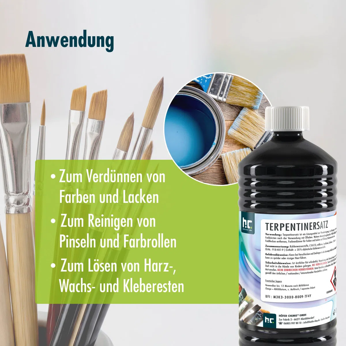 Höfer Chemie Terpentin-Ersatz 15 x 1 L – Universal Lösungsmittel zur Reinigung von Pinseln, Farbrollen & Bürsten, Entfernt Farbflecken, Harz & Kleberückstände