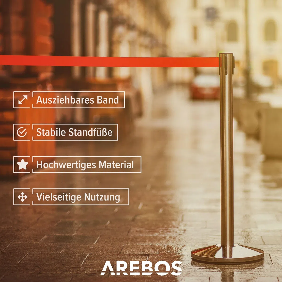 Arebos Personenleitsystem | 2 Stück | Absperrständer | Absperrpfosten | Absperrung ausziehbar | Absperrband ausziehbar | Rot | 190 cm | Edelstahl