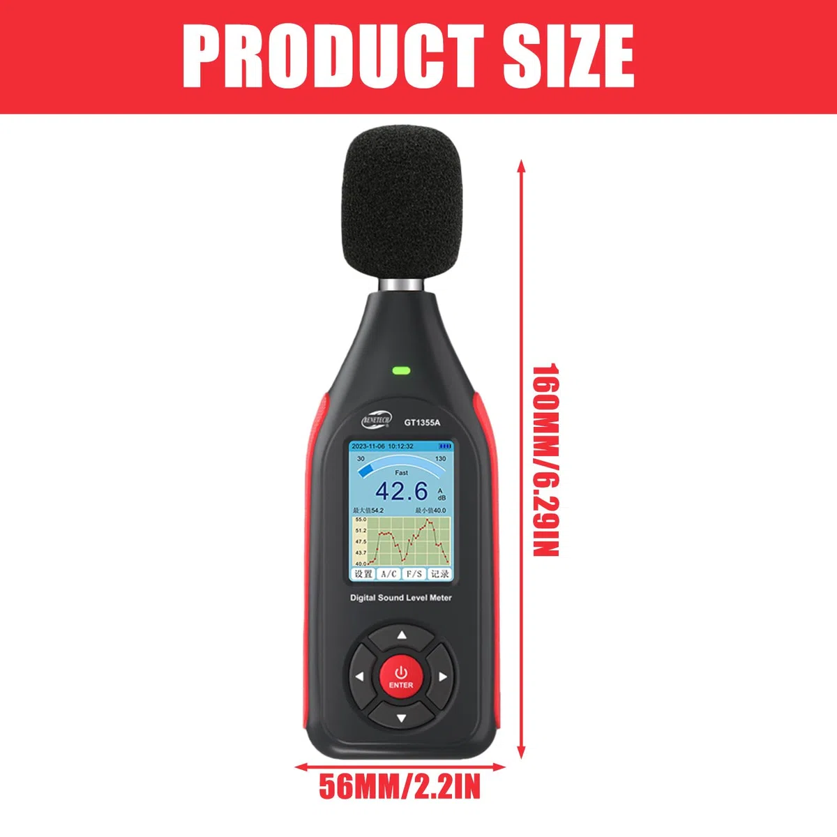 Schallpegelmessgerät Dezibelmesser mit Datenlogger, 43.000 Datensätzen, A/C-Frequenzbewertung, Echtzeit-Sampling, USB/PC-Anschluss, Wiederaufladbar mit Alarm für präzise Geräuschmessung