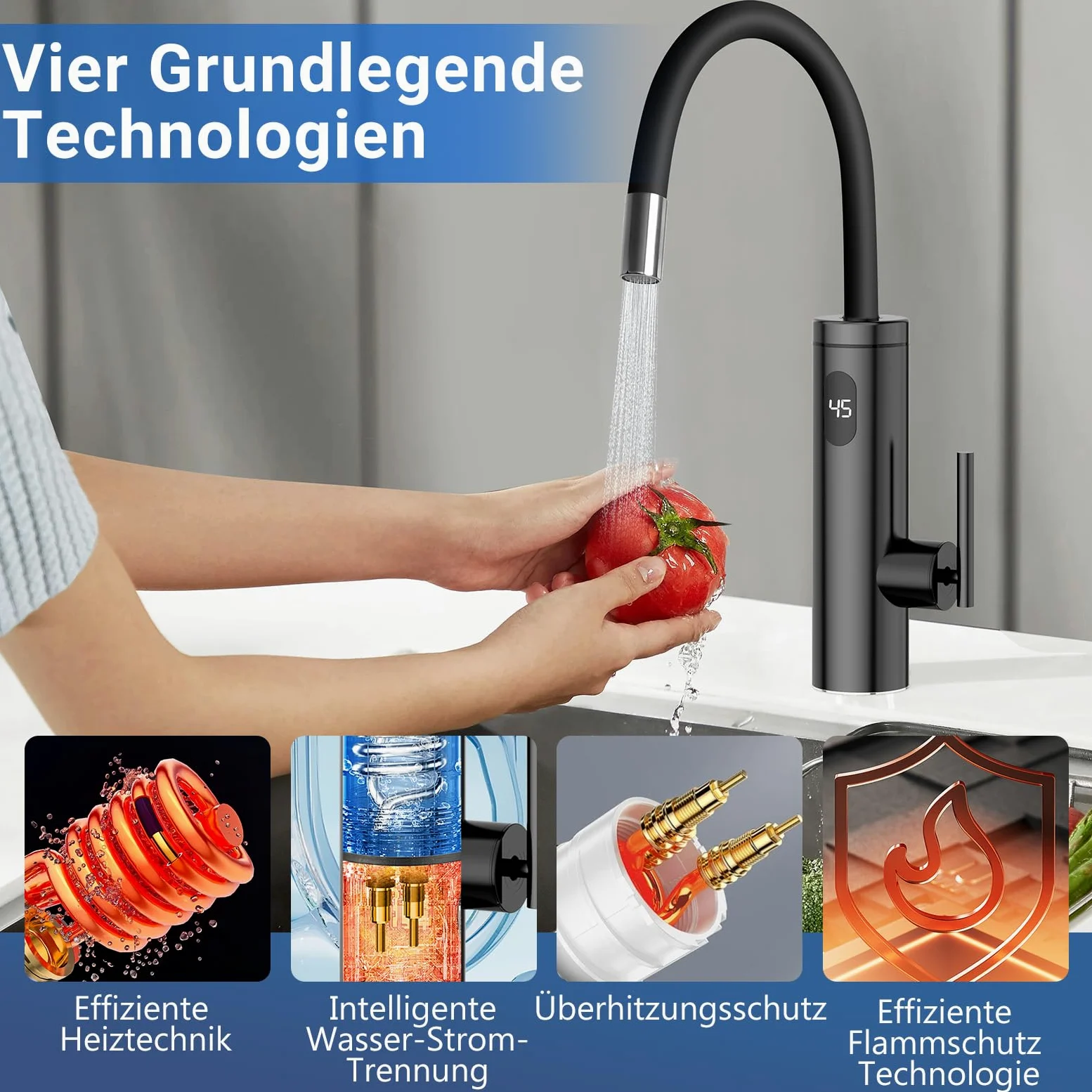 Wasserhahn mit Durchlauferhitzer, 3300W Edelstahl Elektrischer Wasserhahn mit Durchlauferhitzer mit 40cm Wasserversorgungsrohr, 360º Drehung LED Sofortiger Warmwasserhahn Schwarze