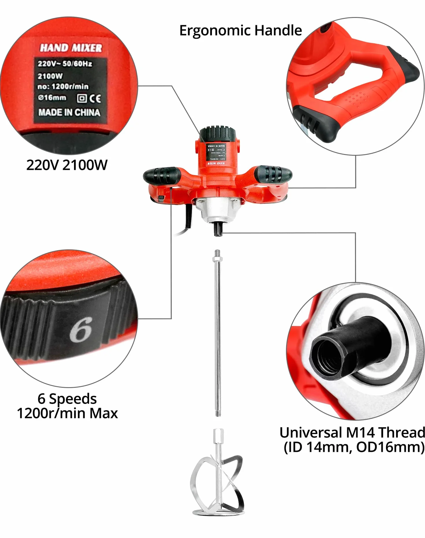 QWORK Mörtelrührer Rührwerk - 220V 2100W 1200r/min 6 Gang - M14 Gewinde - für Farbe, Putz & Estrich
