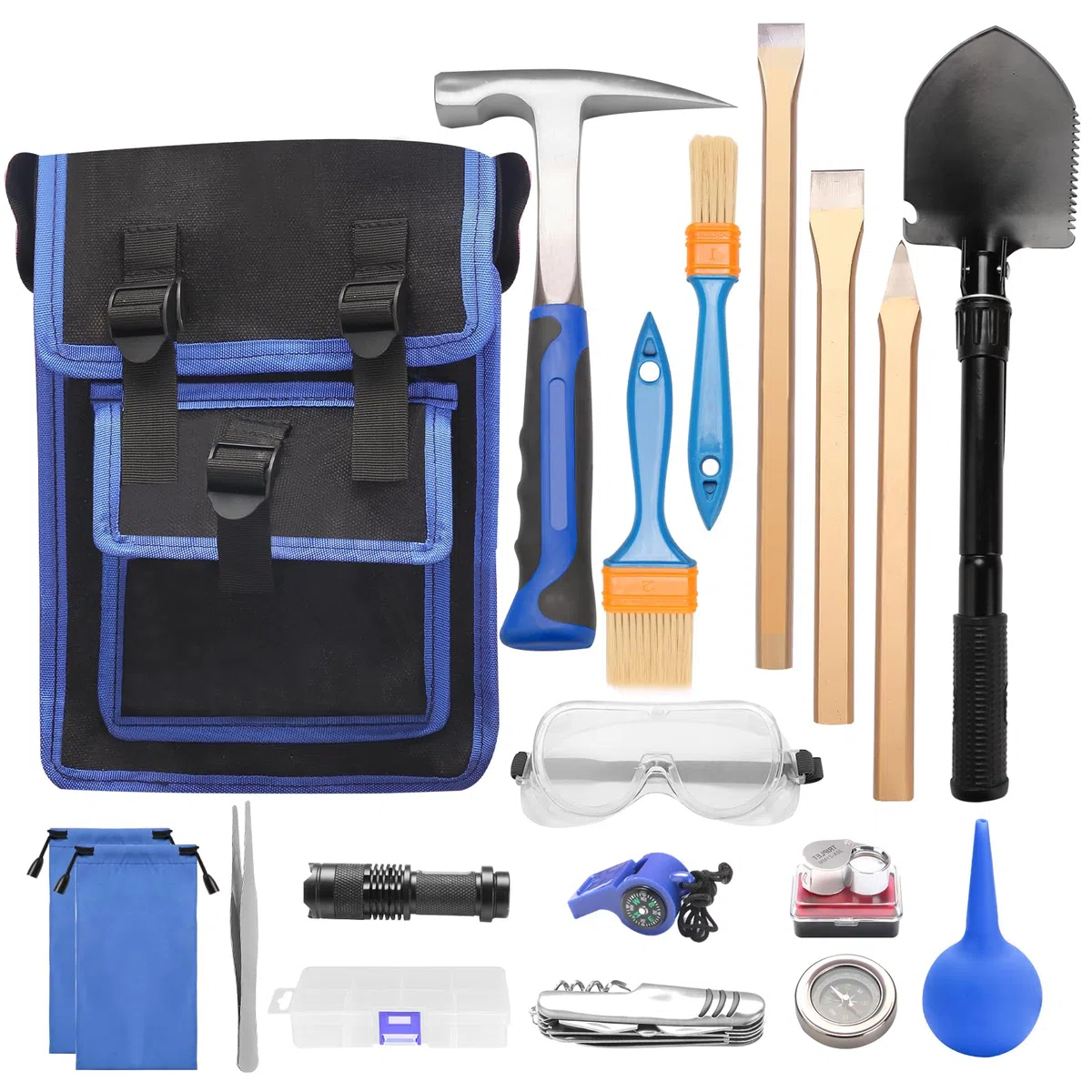 19-teiliges Geology Rock Pick Hammer Kit, 23 oz Hammer & 3 Stück Digging Chisels Set für Rock Hounding, Gold Mining & Prospekting, Equipment Tool mit Blow-and-Suck Ball, Whistle (Stil 2)