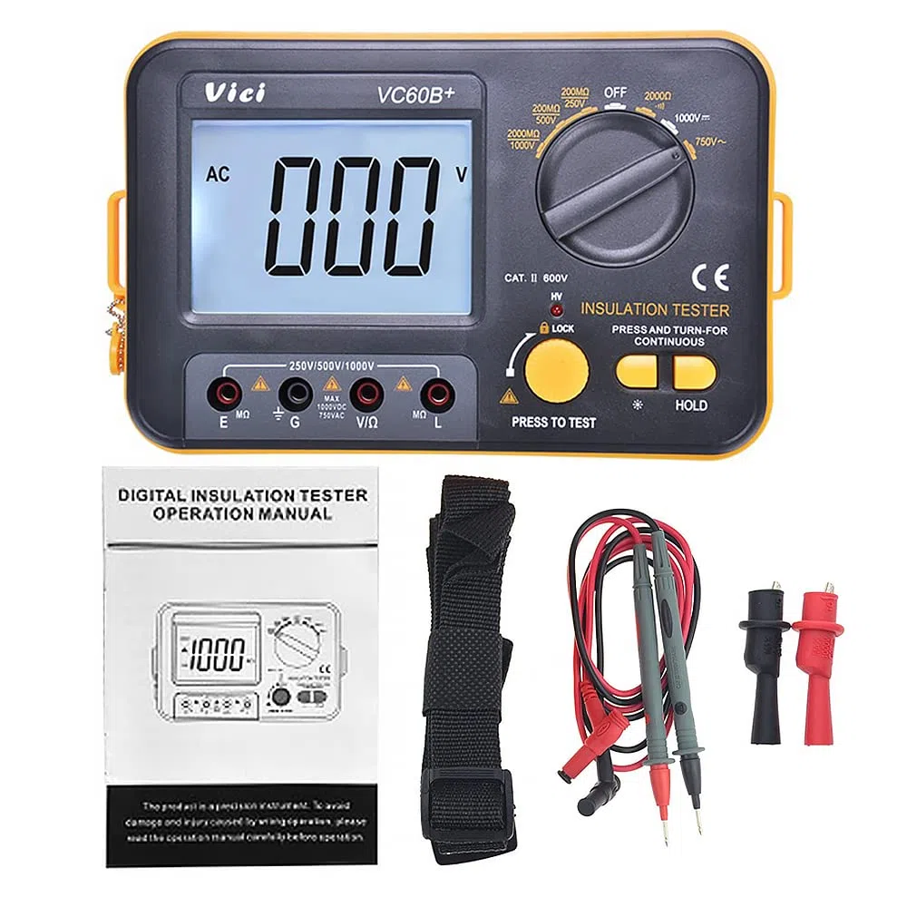 VCB60+ Megger Megohm 1000V 0.1~2000MΩ Digitaler Isolationswiderstandstester (schwarz + orange)