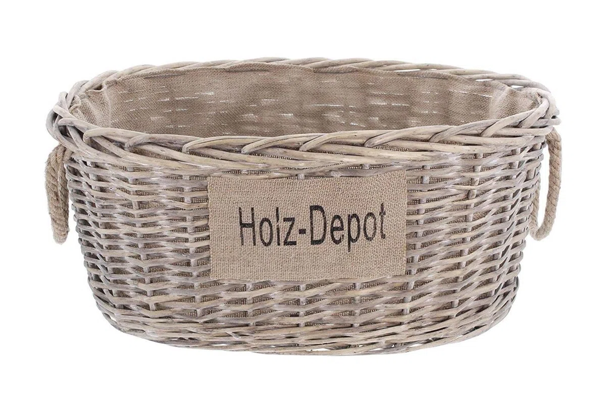 Dekoleidenschaft großer Aufbewahrungskorb aus Weide im Shabby Look, Feuerholzkorb, Brennholzkorb (mit Stoffpatch)