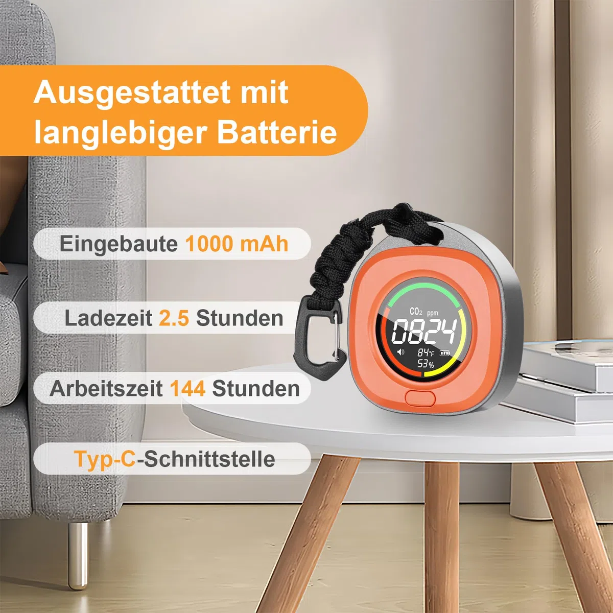 Tragbarer CO2 Melder, Mini CO2 Messgerät Luftqualitätsprüfer, CO2 Sensor mit Vollfarb LCD, Kontrollleuchte, Alarm, Automatische Kalibrierung, für Zuhause, Büro, Gewächshaus (Orange)