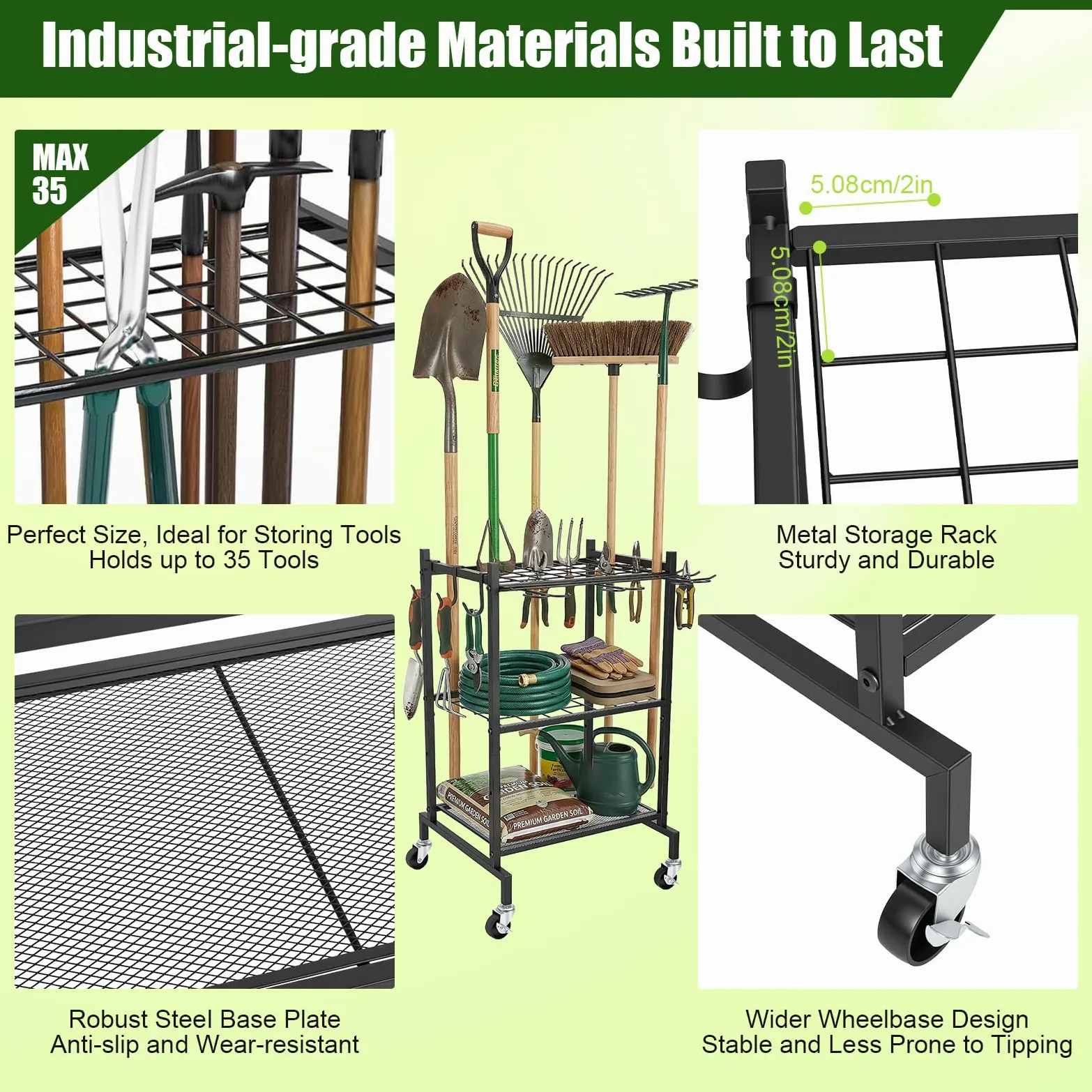 Gartenwerkzeug Organizer Garage Standregal,4 Haken und 35 Schlitze, Kohlenstoffstahl, Mehrzweck Gartengerätehalter mit Rollen, für Schuppen Besen, Mopp, Rechen, Schaufel, Gartenschlauch