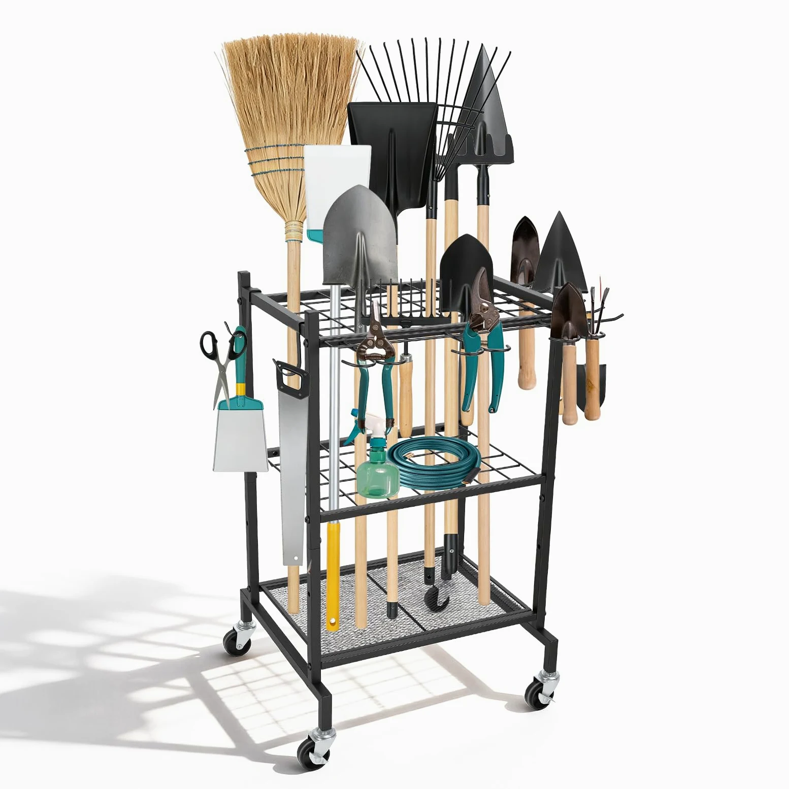 Gartenwerkzeug Organizer Garage Standregal,4 Haken und 35 Schlitze, Kohlenstoffstahl, Mehrzweck Gartengerätehalter mit Rollen, für Schuppen Besen, Mopp, Rechen, Schaufel, Gartenschlauch
