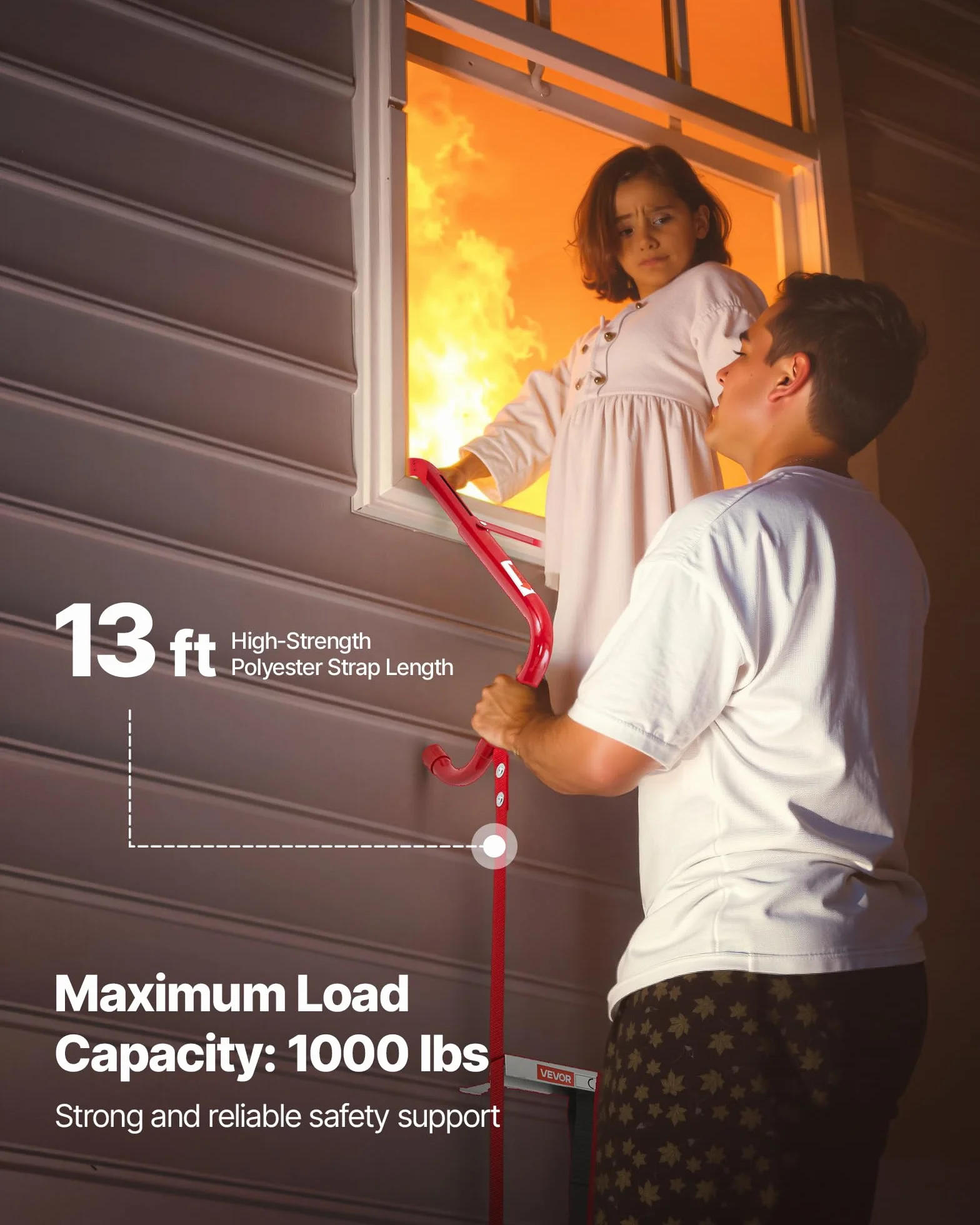 VEVOR Feuerleiter, 4 m, einziehbare Rettungsleiter max. 453,6 kg, leichte Notleiter aus Aluminiumlegierung mit hochfestem Polyestergurt, rutschfesten Sprossen & Breiten Stufen, 2-stöckig