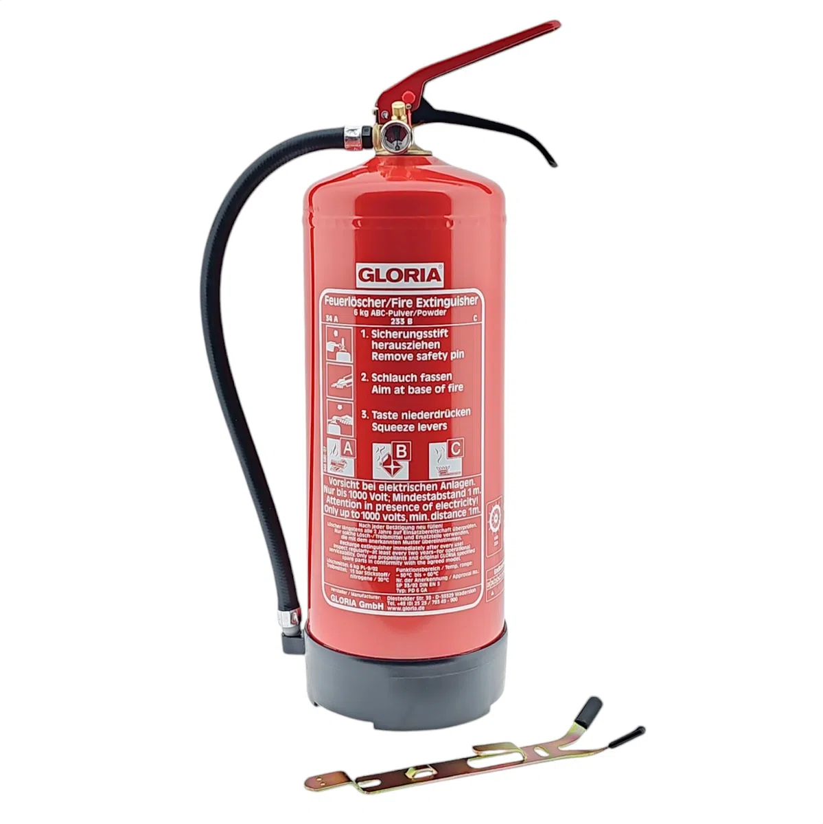 Gloria PD 6 GA Pulverlöscher - 6kg Dauerdrucklöscher - Brandklassen A, B, C - inkl. Wandhalterung