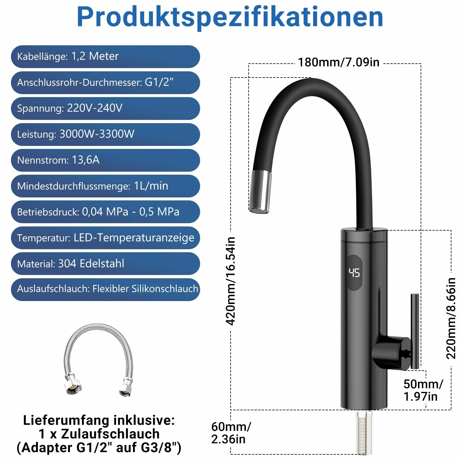 Wasserhahn mit Durchlauferhitzer, 3300W Edelstahl Elektrischer Wasserhahn mit Durchlauferhitzer mit 40cm Wasserversorgungsrohr, 360º Drehung LED Sofortiger Warmwasserhahn Schwarze
