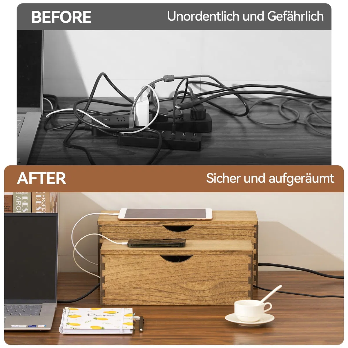 KIRIGEN Kabelbox aus Paulownia-Holz, 2er-Set mit klappbarem Deckel, Kabelmanagement-Box für Steckdosenleisten, Ladegeräte und Netzteile, inklusive 10 Kabelbindern, Dunkelbraun