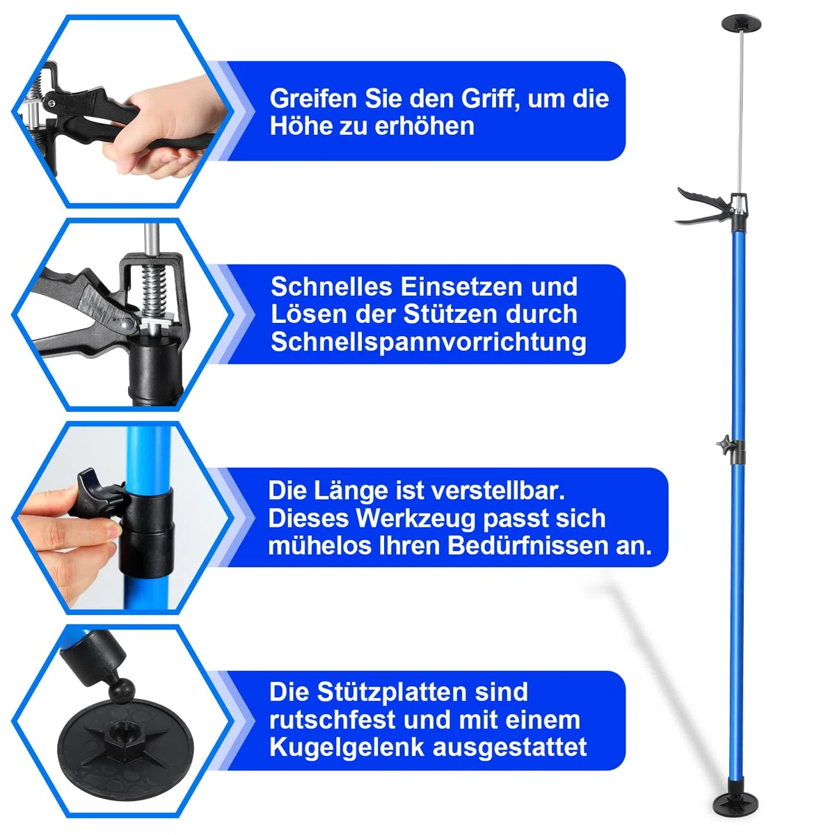 Deckenstütze, Einhandstütze, Montagestütze, 4er-Set professionelles Stuitzstange, Teleskopbereich: 115 cm bis 290 cm, Tragkraft 50 kg, blau (Geeignet für Wagenheber, Wände, Schränke usw)