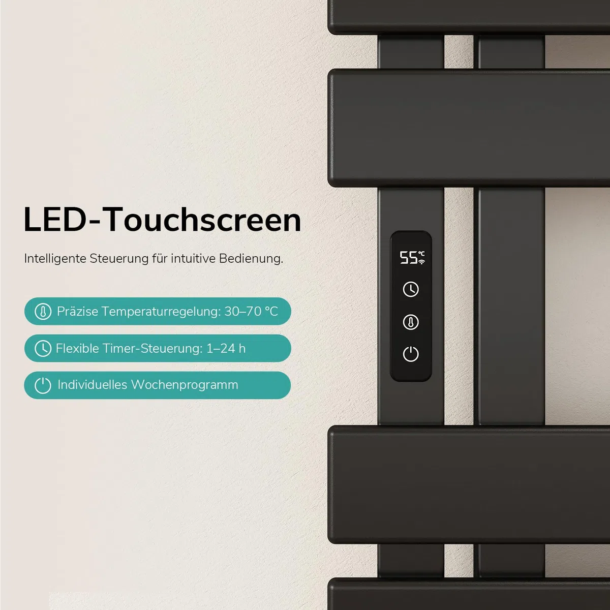 EMKE Elektrischer Handtuchheizkörper 1300x500 mm, Intelligenter Handtuchwärmer mit WiFi-App-Steuerung, Timer & Thermostat, Badheizkörper zur Wandmontage, 440 Watt, IP45, Schwarz