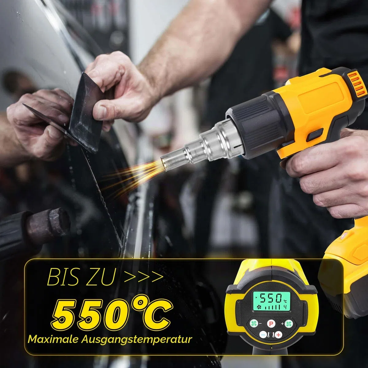 Akku-Heißluftpistole für Dewalt 20V Akku, 50℃-550℃ Heißluftpistole mit Digitalanzeige, Schnellheizung Kabellose Heißluftpistole, Einstellbare Temperatur und Luftstrom mit 5 Düsen
