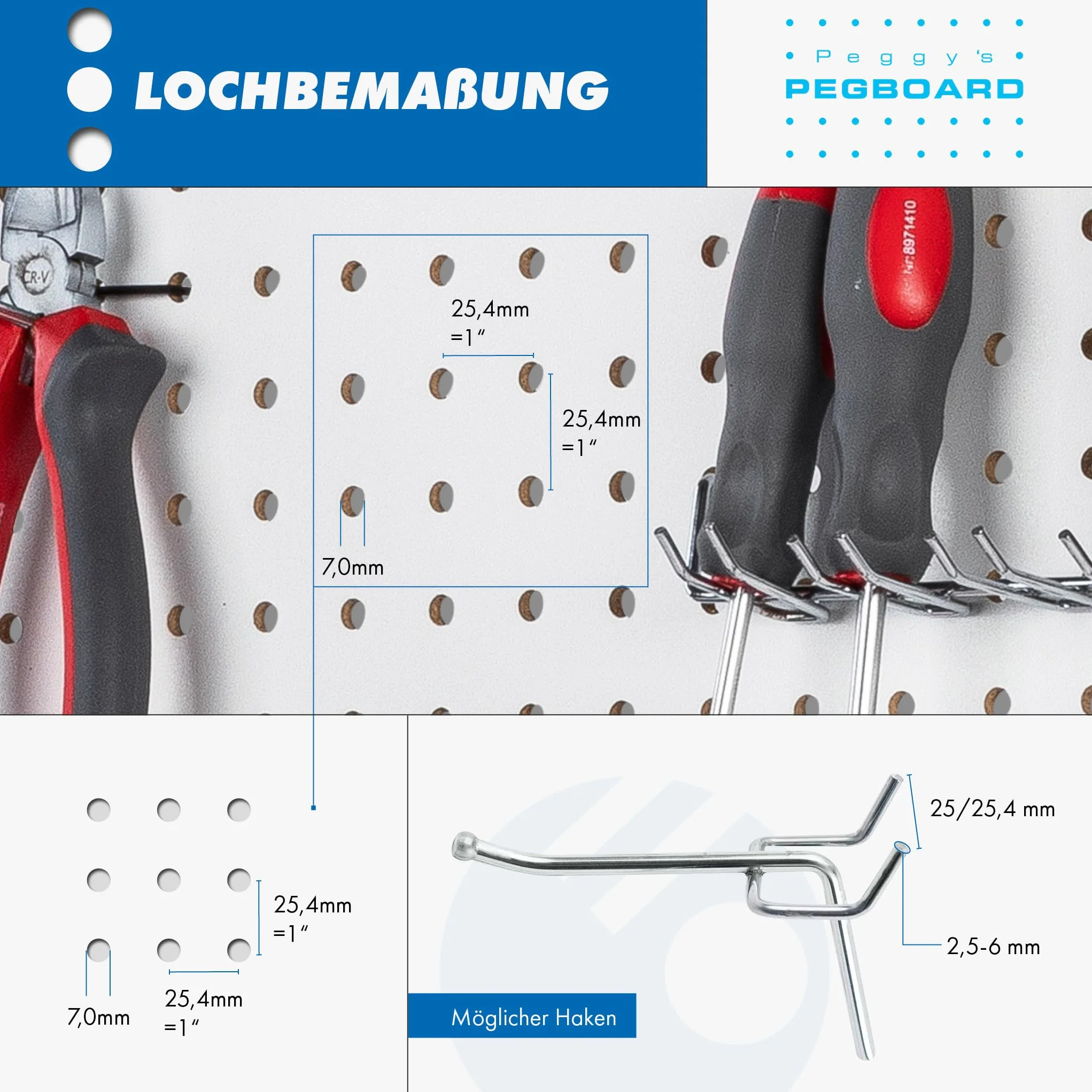 Pegboard 2 St. Werkzeugwand aus Holz (MDF) 120 x 60 x 0,5 cm - Lochung Ø7 mm Lochabstand 25,4 mm - weiß lackiert - Made in Germany