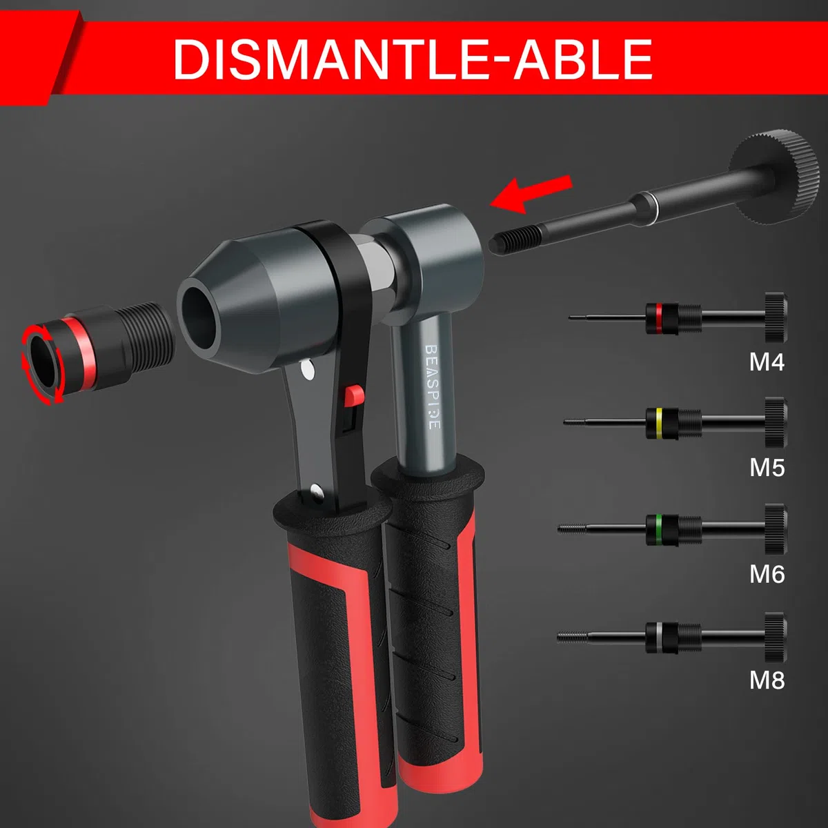 Beaspire Nietmutternzange Set, Profi Nietmutternratsche mit 4 Dornaufsätzen (M4 M5 M6 M8) und 40 Nietmuttern, Einnietmutternzange für Metallbearbeitung, Reparatur und Montage