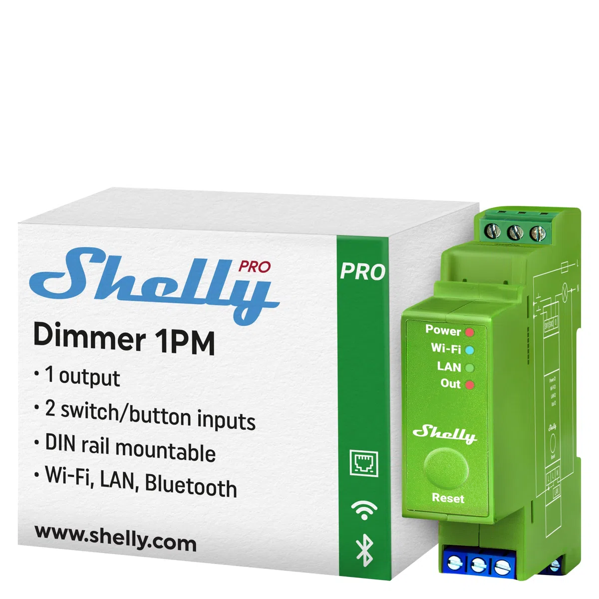 Shelly Pro Dimmer 1PM | WLAN & LAN Professioneller 1-Kanal-DIN-Hutschienen-Smart-Dimmer mit Leistungsmessung | Halogenlampen & Dimmbare LEDs - 200 W | iOS-Android App | Alexa & Google