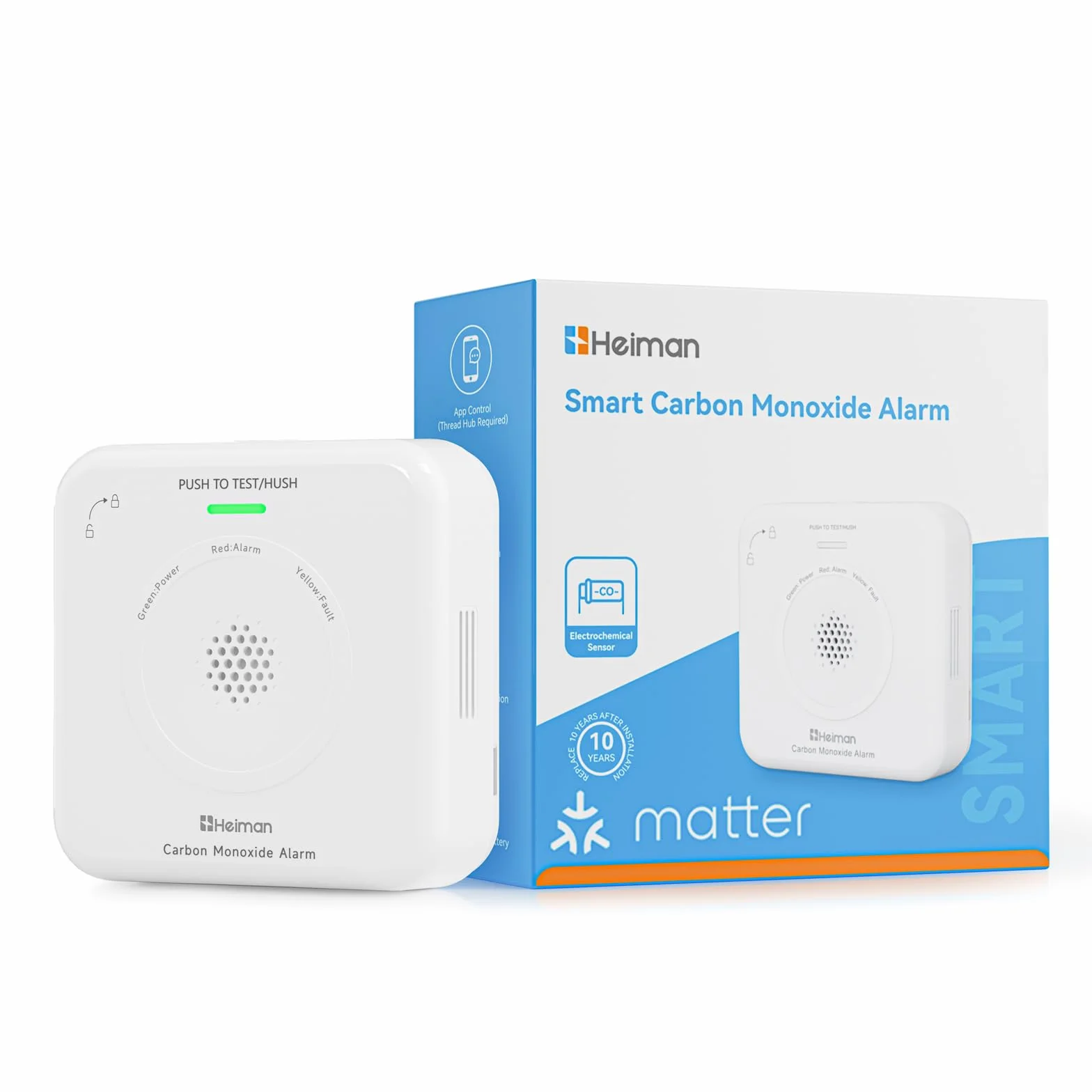 Heiman Smarter Kohlenmonoxid Melder Matter Over Thread (Hub Erforderlich) - CO Melder für SmartThings & Home Assistant, EN 50291, Austauschbare Batterie, 10 Jahre Sensor, 85dB, HS-725ES-M