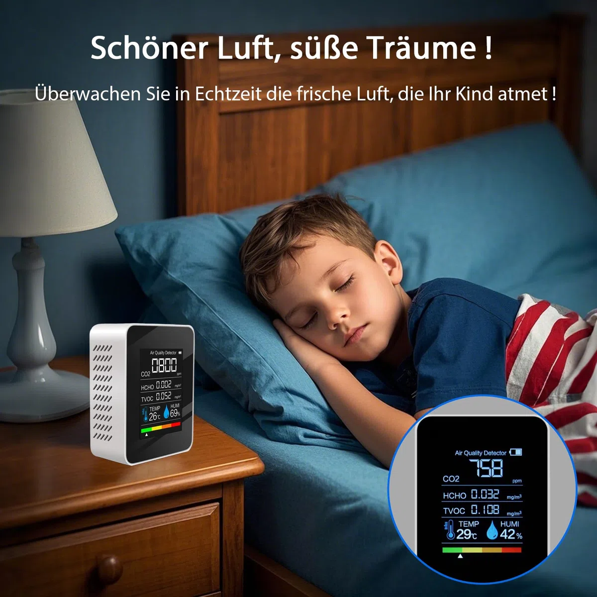 Professioneller Luftqualitätsmessgerät CO₂ – 5-in-1 Luftqualitätsmonitor für Innenräume,präziser CO₂ Messgerät zur Messung von CO2,HCHO, TVOC,Temperatur & Luftfeuchtigkeit,ideal für Zuhause, Büro