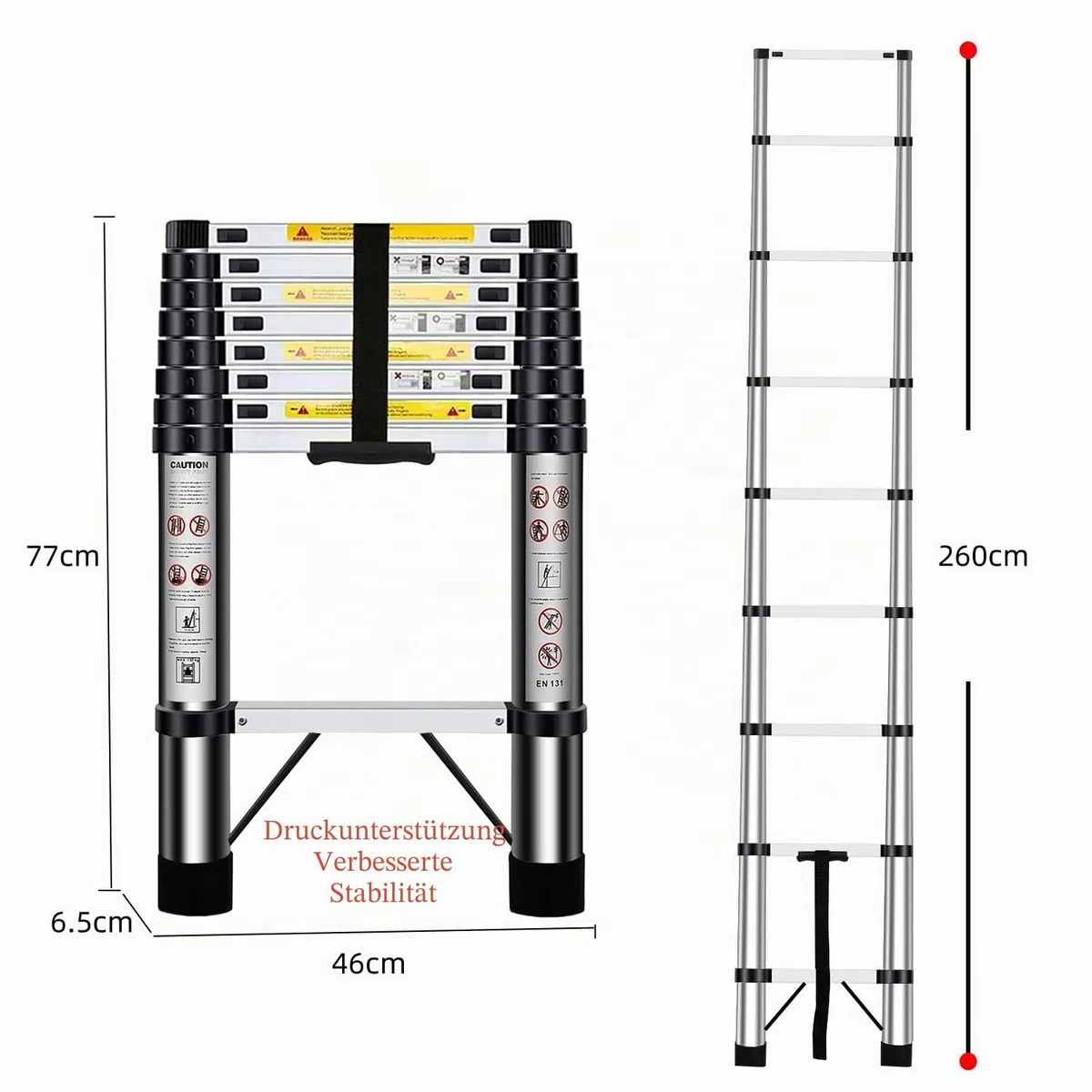 Teleskopleiter 2,6m, Einziehbare Leiter aus Rostfreiem Stahl, TragfäHigkeit 150kg, Geeignet FüR Die Instandhaltung des Hauses, Den Zugang Zum Dachboden, Den BAU Usw.
