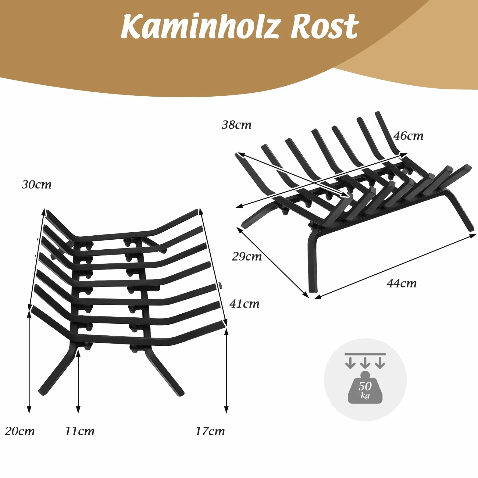 GOPLUS Kaminholzrost 46 cm, robuster Feuerrost aus Schmiedeeisen, Brennholzhalter mit 7 Metall Stangen, Feuerbock mit Füßen, bis 50kg belastbar, für Innen & Außen