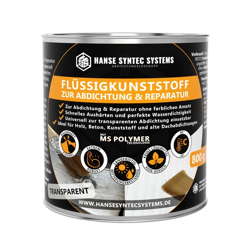 HSS Flüssigkunststoff für Abdichtung & Reparatur – UV- & witterungsbeständig – MS-Polymer – lösungsmittel- & bitumenfrei – Transparent – 800 g für ca. 2,2m²