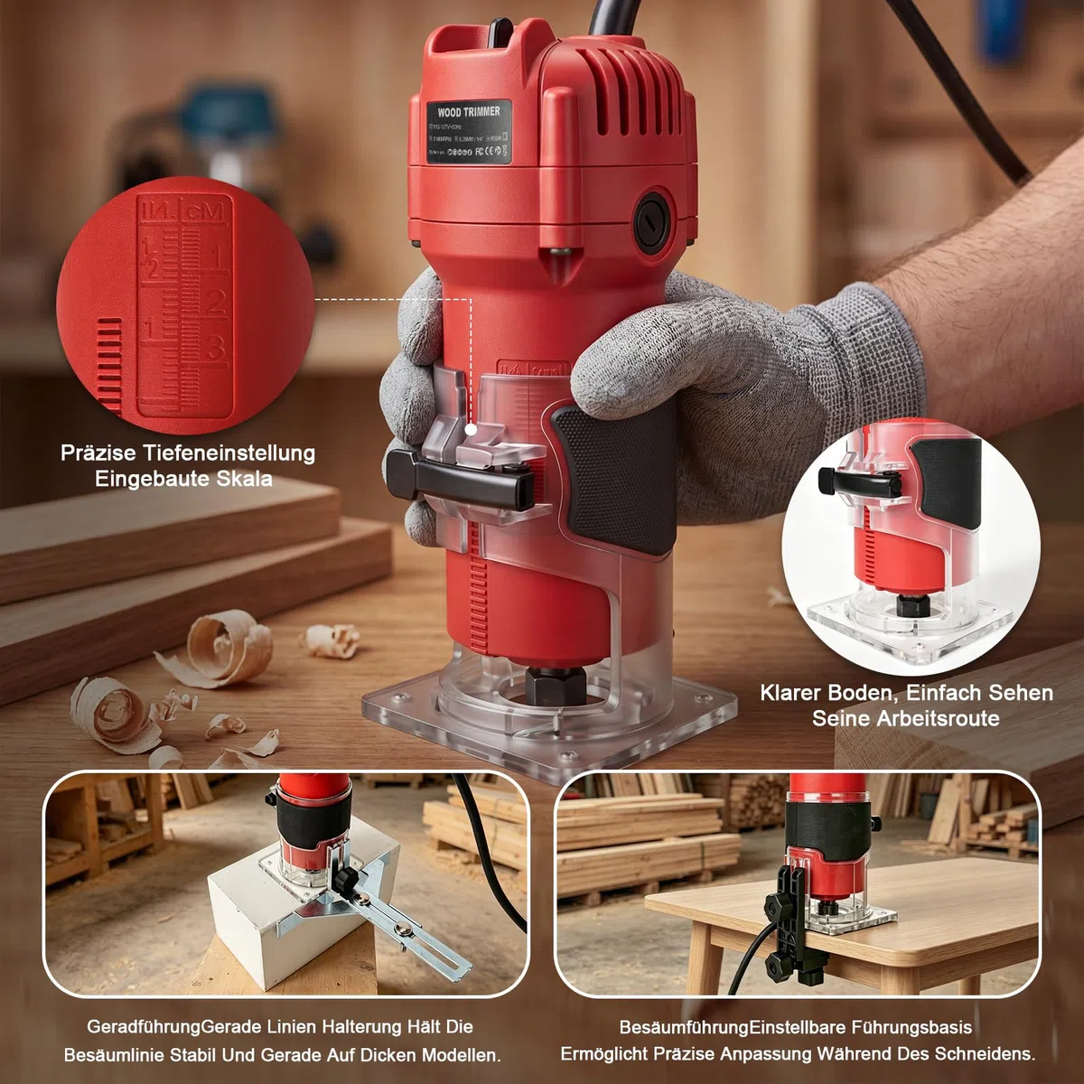 YEARTOP Kantenfräse Holz 800W, Oberfräse Set mit 6tlg. Fräsern in Holzbox, 31000 U/min Einhandfräse Elektro, Palstikbasis & Parallelanschlag Kopierführung für Holzbearbeitung Präzises Trimmen & Nuten