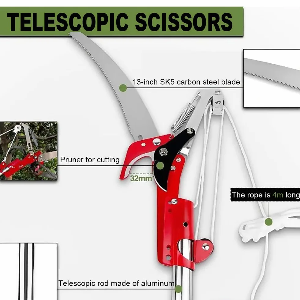 NEWFUN Teleskop Astsäge, Hochentaster Manuell,Baumsäge, 82-448cm Leichte Teleskop-Baumsäge aus Edelstahl 2 In 1,Schneiden Dichter Bäume und Sträucher ohne Leiter,Manuell Baumschere für Hohe Äste
