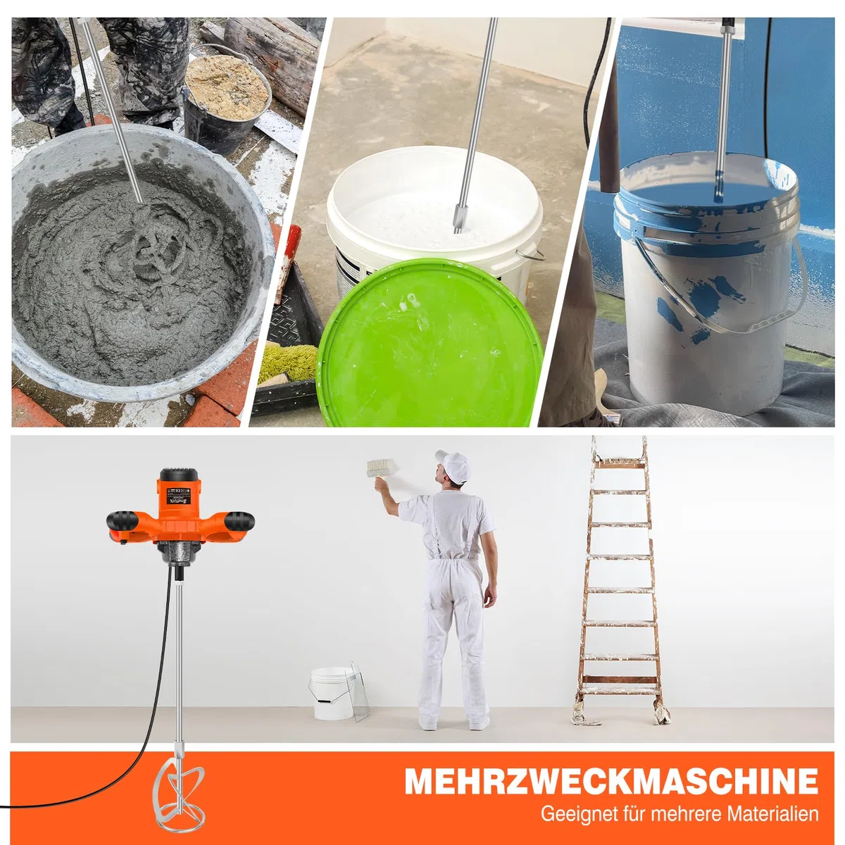 Orange Rührwerk mit starken 2600 Watt – Farb-Mörtelrührer Betonrührer – robustes 6-Gang-Metallgetriebe – Mit großem Rührquirl Ø120 mm und ergonomischem Griff - Rührwerk Handrührwerk