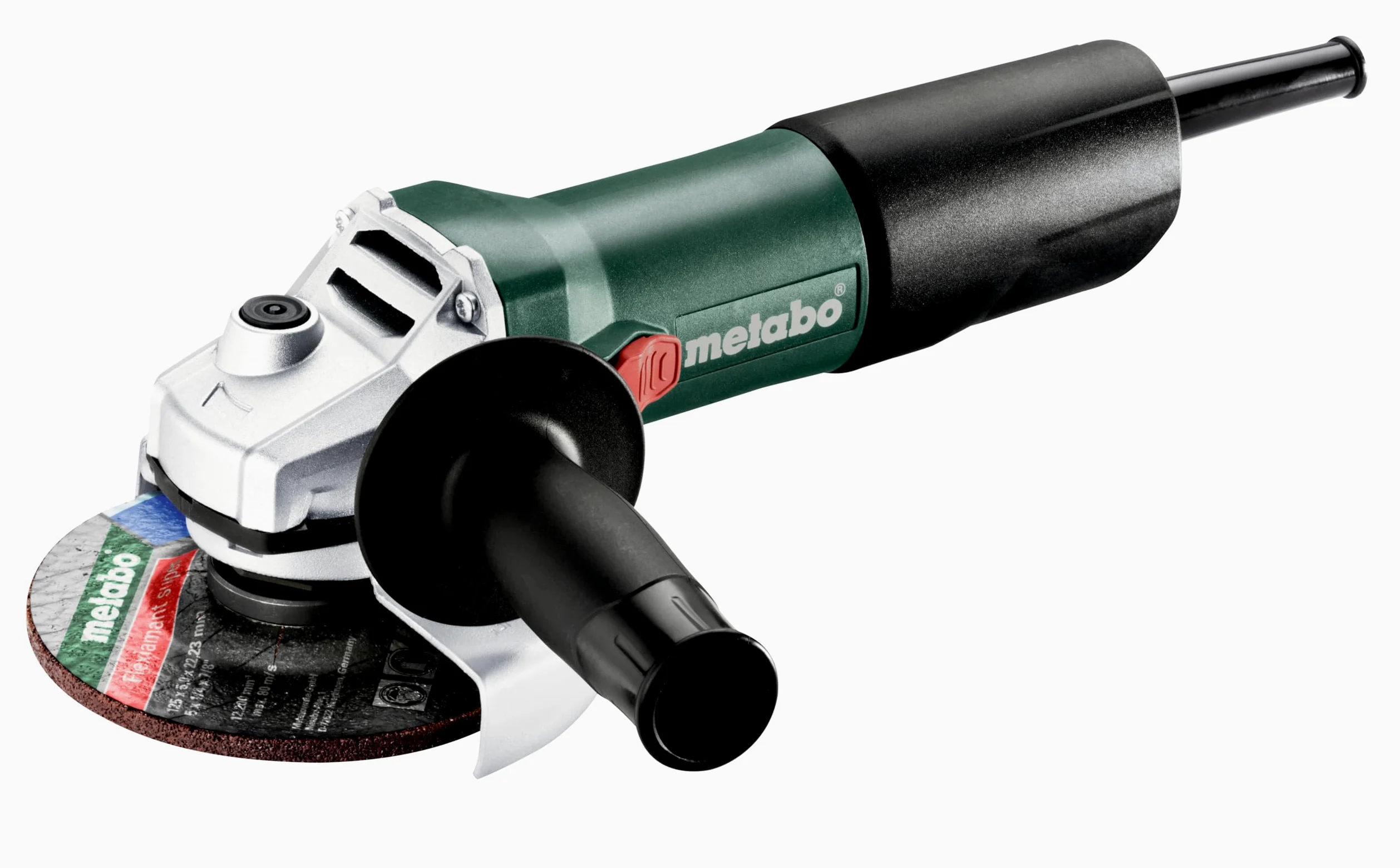 metabo Winkelschleifer W 850-125, 850 W Schleifer für 125 mm Trennscheibe | Robuster Metallschneider mit Schutzhaube, Wiederanlaufschutz, Zusatzhandgriff und 2.5 m Kabel für hohe Sicherheit.