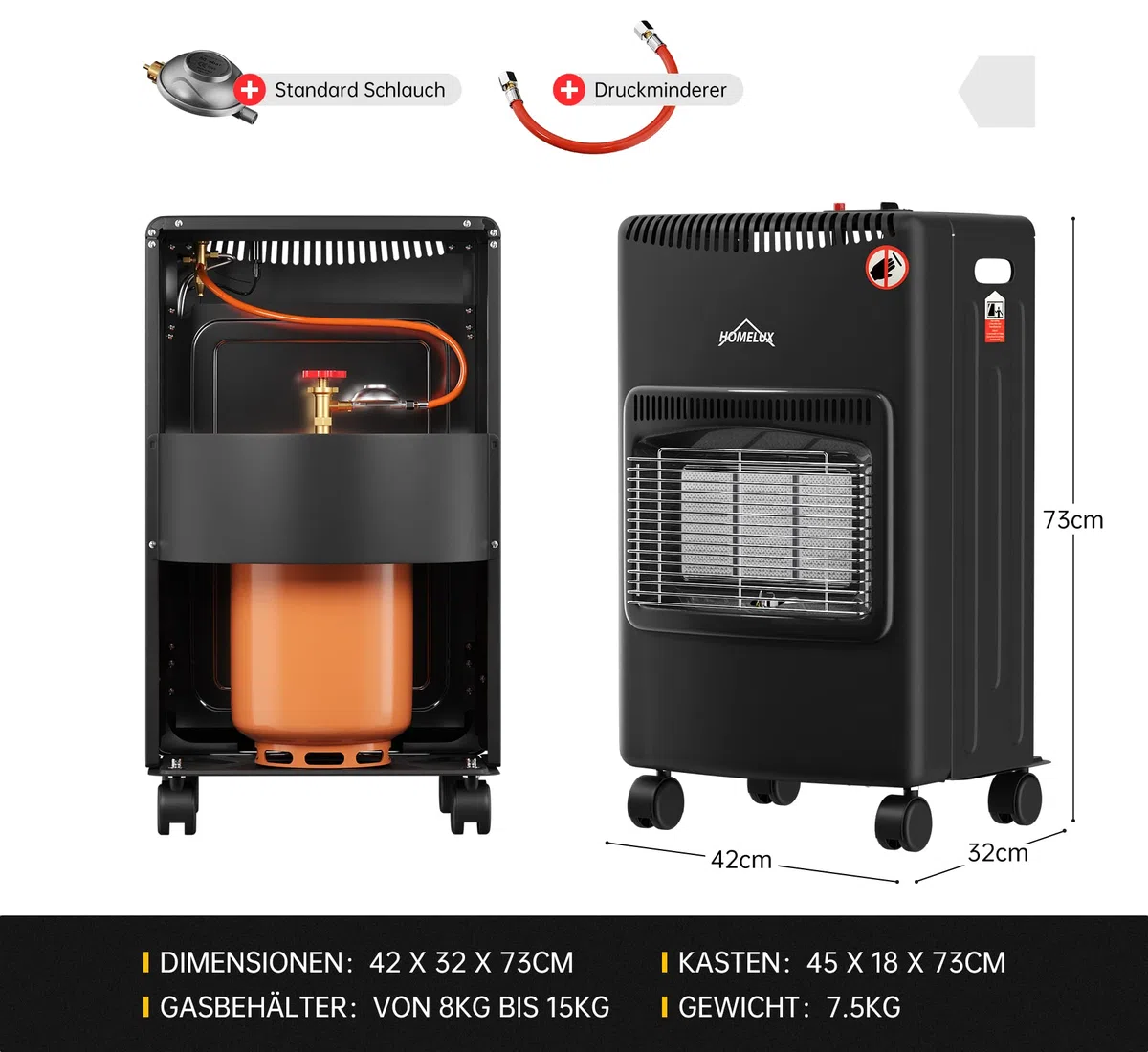 Gasheizung für Innenräume,HOMELUX Gasheizung 4200 Watt gasofen für innenräume inkl. Schlauch und Druckminderer,Infrarot Keramikbrenner,Heizstrahler,Butan- oder Propangasflaschen bis 15kg
