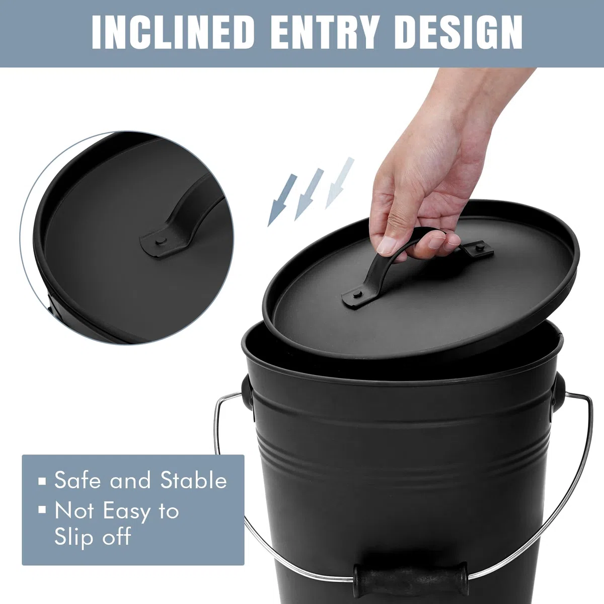 INNO STAGE Ash Eimer mit Deckel und Holzgriff Kohleschaufel, Aschenträger Pail Kamin Werkzeuge, Feuerstelle, Holzofen Schwarz