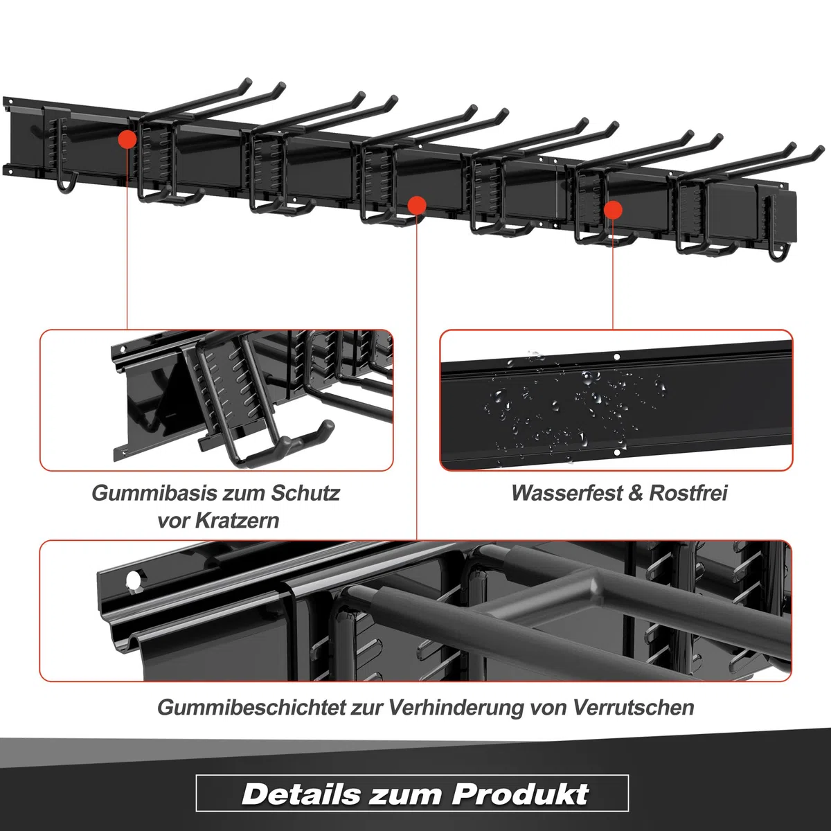 Sttoraboks Werkzeug-Wandregal, verstellbar Wandhalterungen für Garage und Garten mit 8 Haken & 3 Schienen, Hochbelastbares Werkzeugregal bis 204kg, für Garage, Garten, Ski, Besen, Rechen