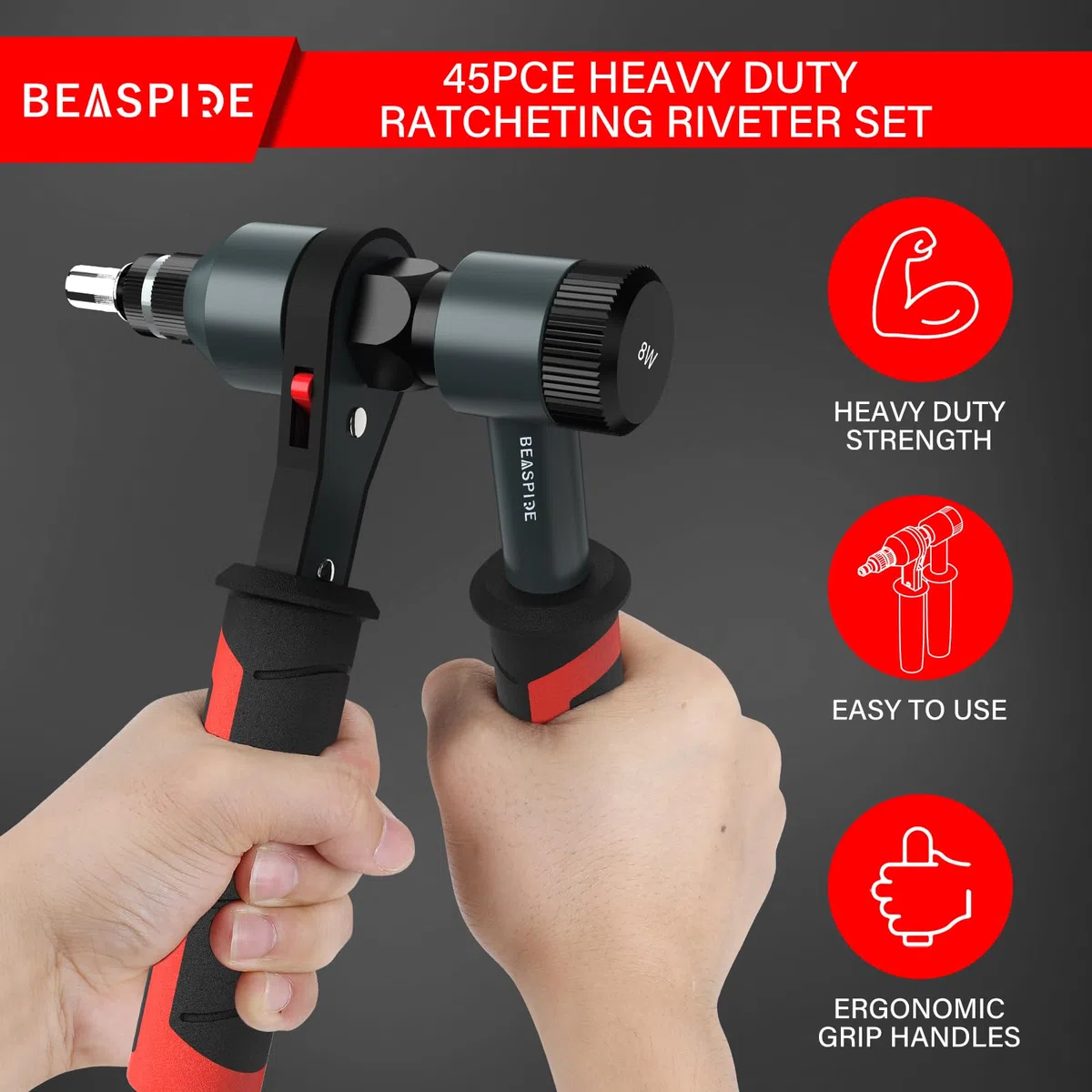 Beaspire Nietmutternzange Set, Profi Nietmutternratsche mit 4 Dornaufsätzen (M4 M5 M6 M8) und 40 Nietmuttern, Einnietmutternzange für Metallbearbeitung, Reparatur und Montage
