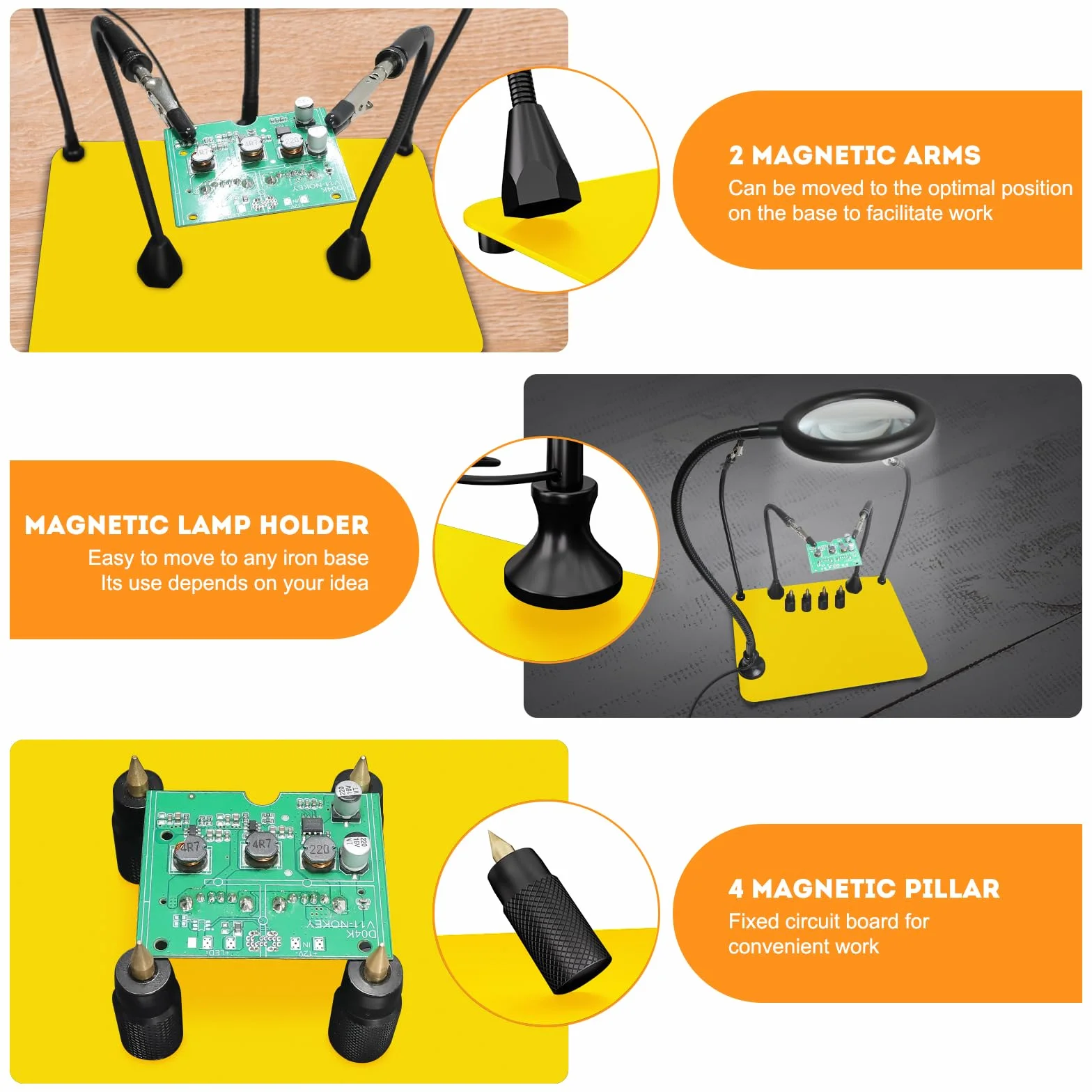 Magnetische helfende Hand, lötende Dritte Hände mit 3X LED Lupenlampe, 4 PCB Säulen Leiterplattenhaltermit mit Flexible Metallarme Elektronisches Reparaturwerkzeug
