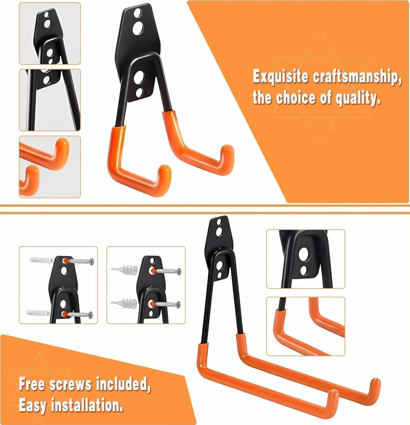 GUDEMAY 32-teiliges Garagenhaken Set Schwerlast Wandhaken für Garage | Wandhalterung für Werkzeuge, Fahrräder, Leitern, Schlauch und Gartengeräte, mit Schrauben & Anti-Rutsch-Beschichtung, Orange