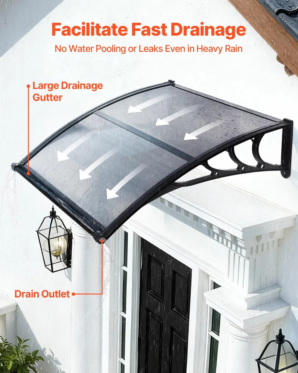 VEVOR Vordach für Haustür, 965x1017 mm, Pultbogenvordach, Überdachung mit Entwässerung & ABS-Halterung, Regen-, Schnee- & Sonnenschutz, Polycarbonat-Türdach für Veranda & Terrasse, Rauchgrau