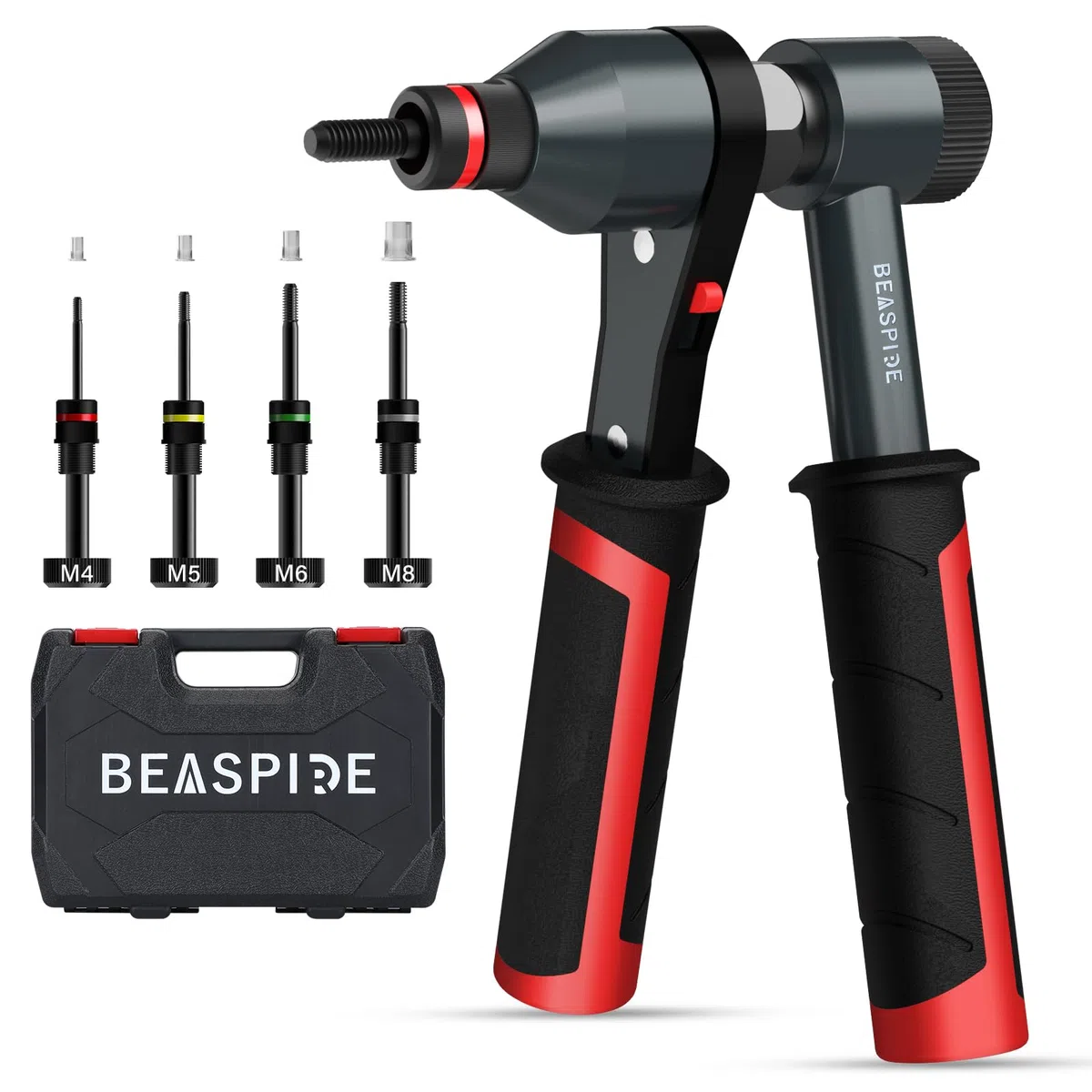 Beaspire Nietmutternzange Set, Profi Nietmutternratsche mit 4 Dornaufsätzen (M4 M5 M6 M8) und 40 Nietmuttern, Einnietmutternzange für Metallbearbeitung, Reparatur und Montage