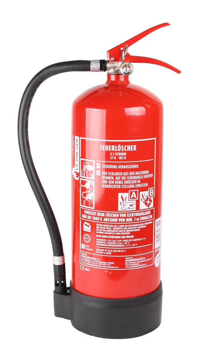 Set AB 6l Schaum-Feuerlöscher 6 LE Manometer Halterung + Symbolschild Feuerlöscher ISO 7010 (Dauerdrucklöscher GPN-6X)