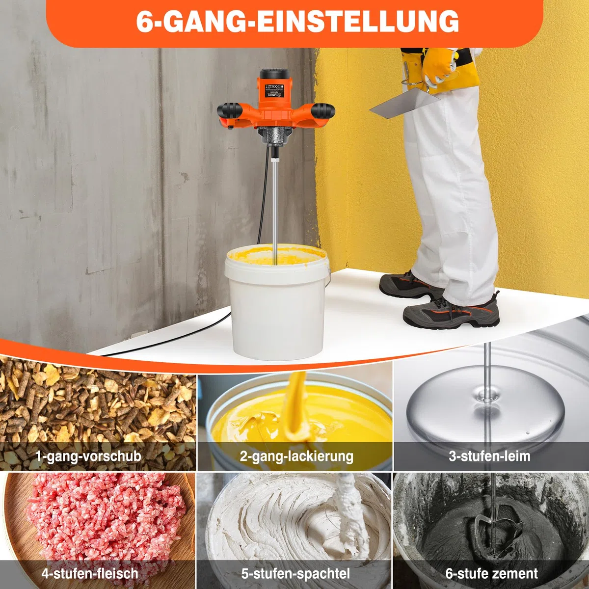 Orange Rührwerk mit starken 2600 Watt – Farb-Mörtelrührer Betonrührer – robustes 6-Gang-Metallgetriebe – Mit großem Rührquirl Ø120 mm und ergonomischem Griff - Rührwerk Handrührwerk