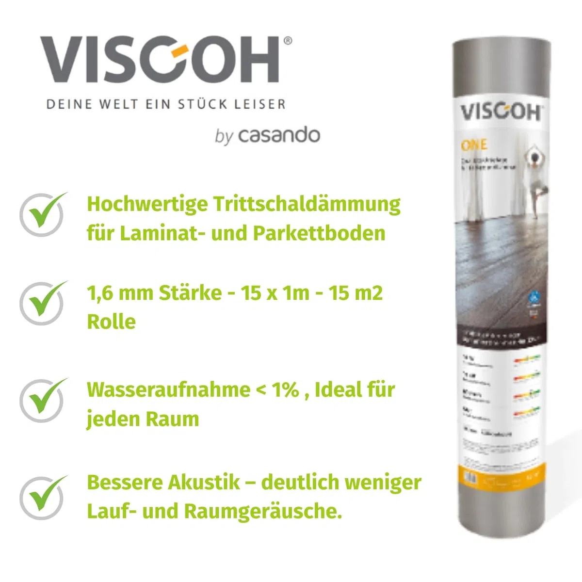 Trittschalldämmung für Klick Vinyl, Laminat & Parkett - 12,5m² bis 15m² Rolle - reduziert Lärm, schützt vor Feuchtigkeit - Einfache Verlegung -1,6 mm Unterlage für Parkettboden & Laminatboden