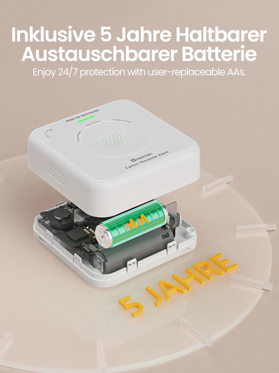 Heiman Smarter Kohlenmonoxid Melder Matter Over Thread (Hub Erforderlich) - CO Melder für SmartThings & Home Assistant, EN 50291, Austauschbare Batterie, 10 Jahre Sensor, 85dB, HS-725ES-M
